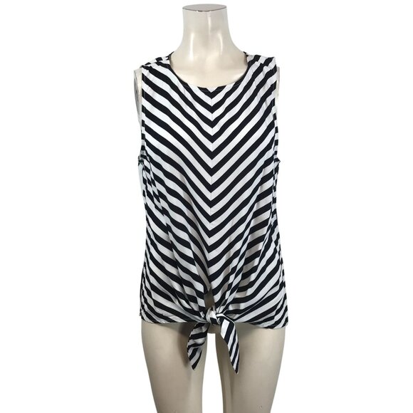 LOFT - WOMEN'S MEDIUM - BLACK & WHITE STRIPE BUTTONS IN BACK KNOT FRONT TOP - Picture 1 of 5